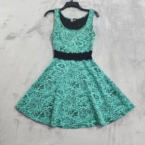 Vintage VIBE Sportswear Dress Womens M Green Black Floral Lace Sleeveless Party